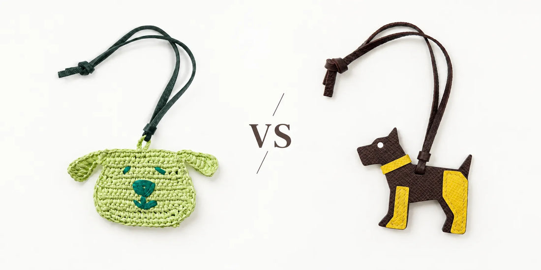 a raffia dog charm vs a leather dog charm