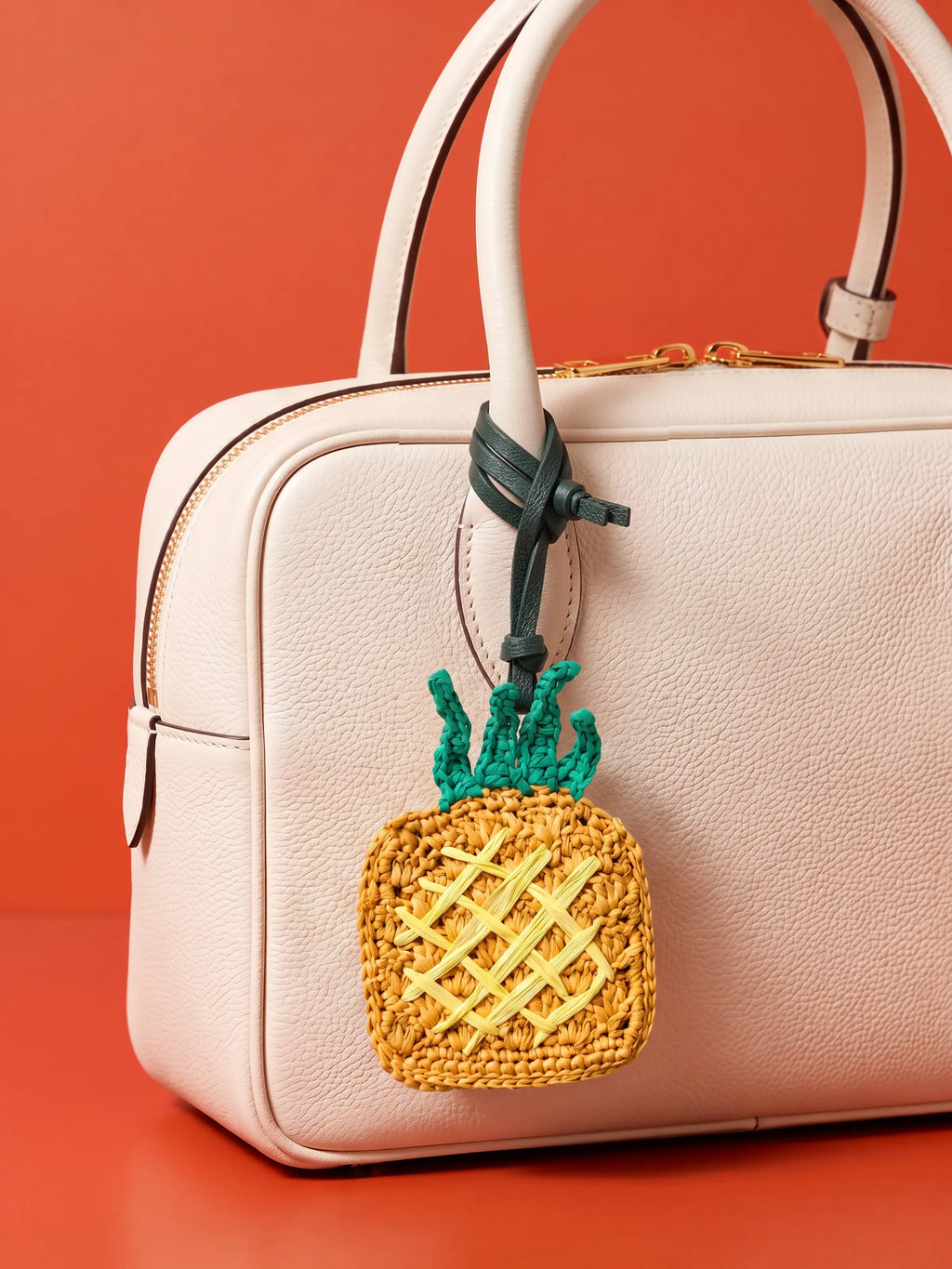 A light pink textured leather handbag with a crocheted pineapple charm in yellow and green hanging from a dark green leather loop.