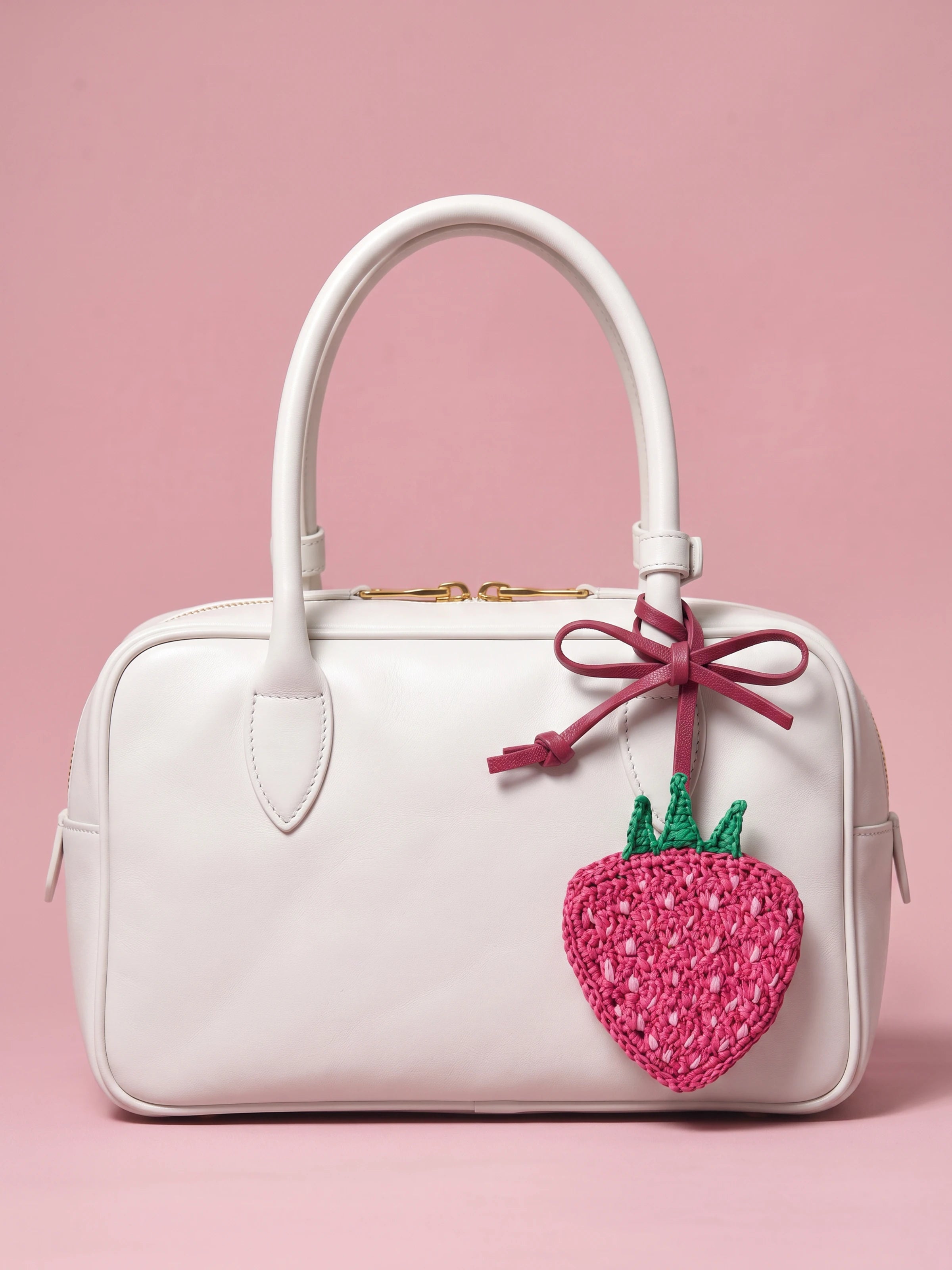 A white leather handbag with a pink crocheted strawberry charm tied to the handle, set against a solid pink background.
