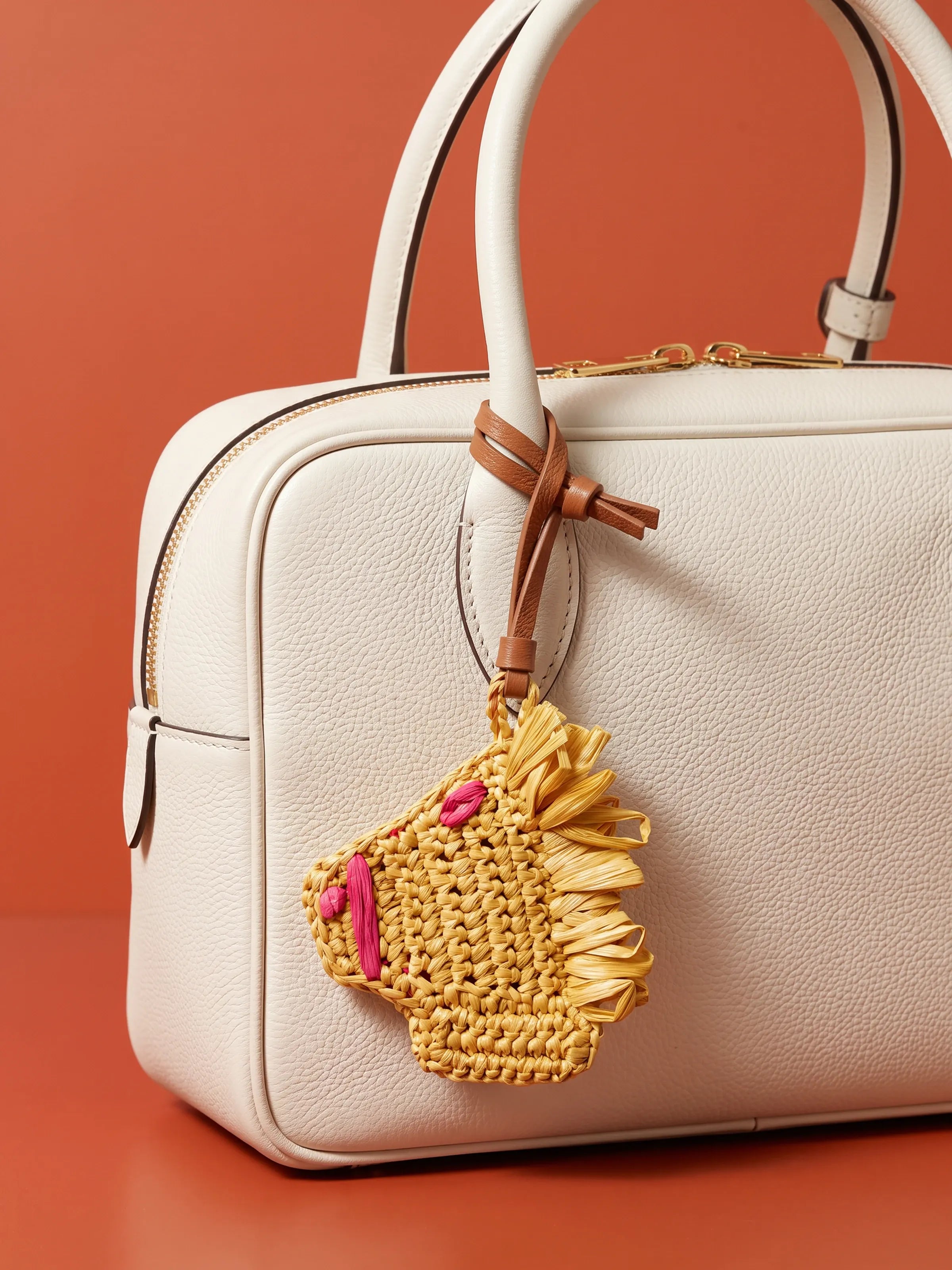 A cream-colored textured leather handbag with gold-tone hardware, featuring a decorative woven horse head charm with pink accents and a brown leather strap, set against a solid terracotta orange background.