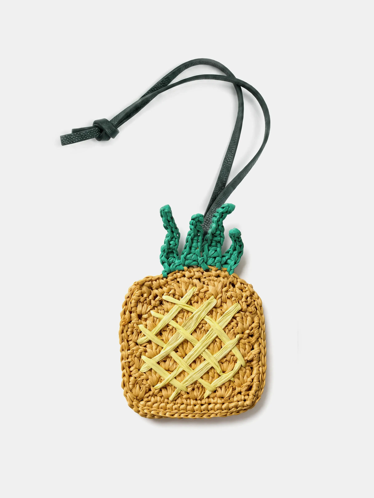A woven pineapple charm or earbuds pouch with a dark green hanging strap.
