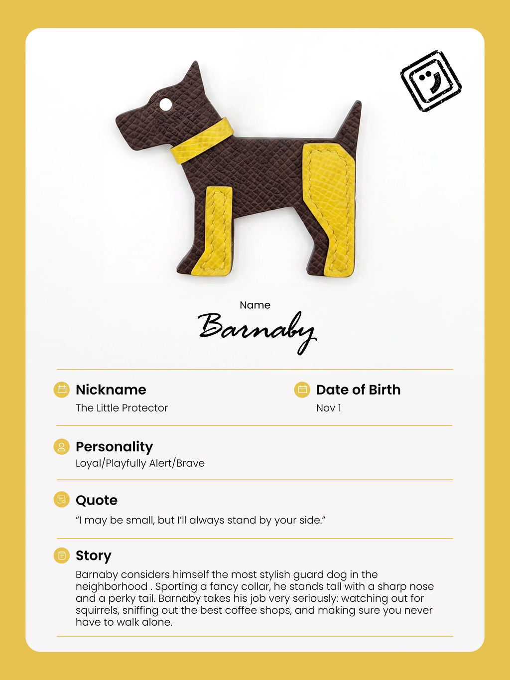 identify card and story of barnady the dog charm from joybit.art