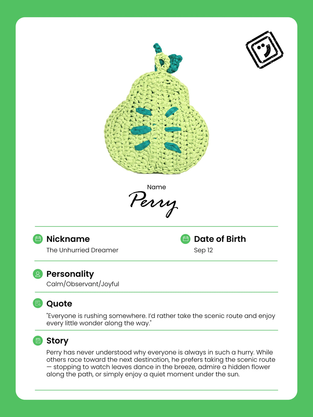 identify card and story of perry the pear charm from joybit.art