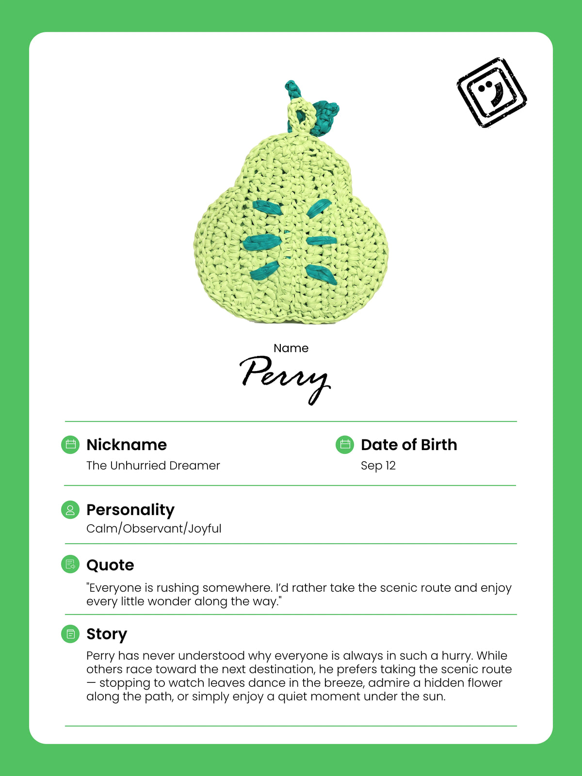 identify card and story of perry the pear charm from joybit.art