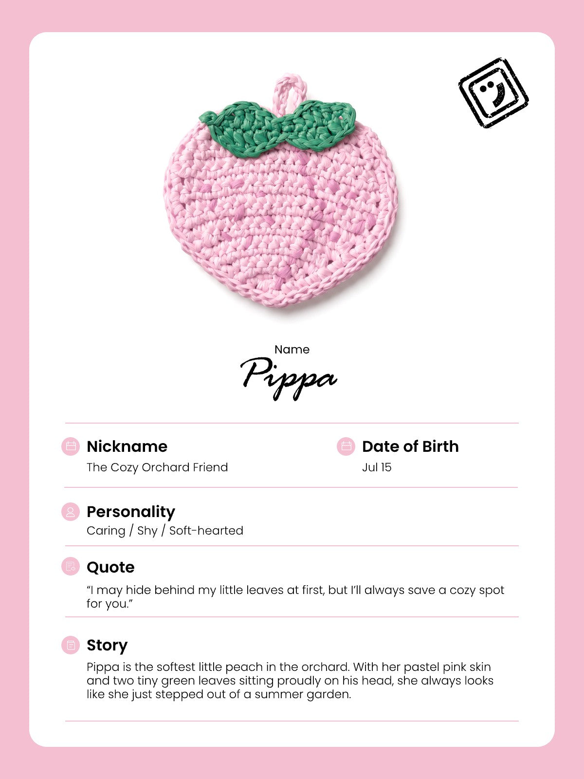 identity card of pippa the peach raffia charm from joybit.art