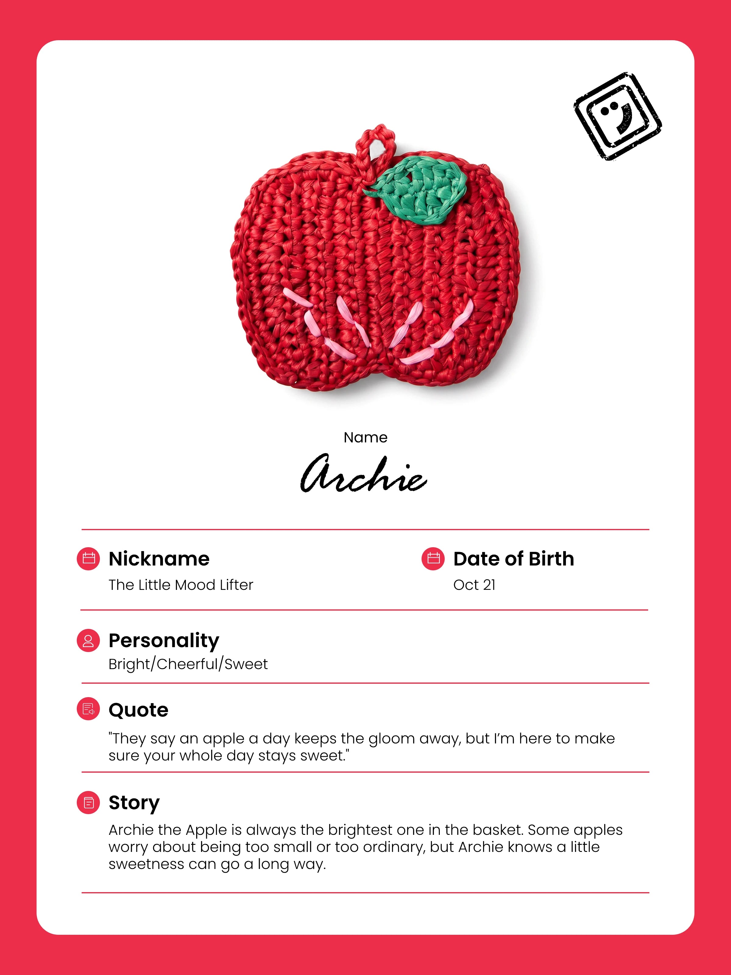 identify card and story of archie the apple charm from joybit.art