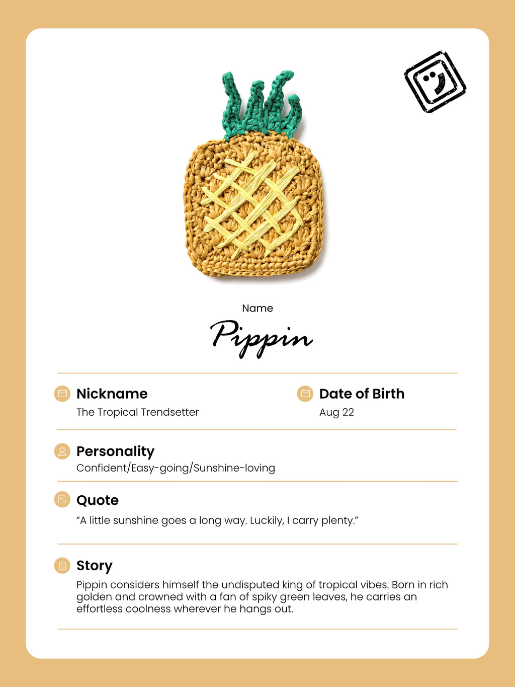 identify card and story of pippin the pineapple charm from joybit.art