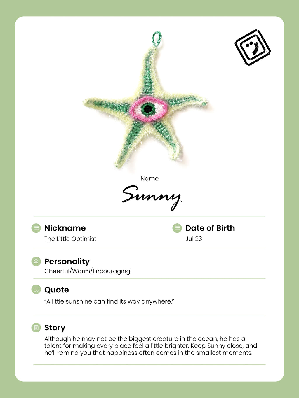 identify card and story of sunny the starfish charm from joybit.art