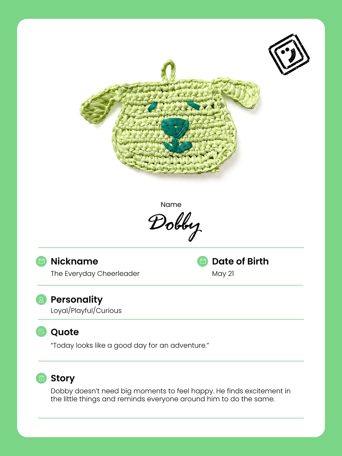 identify card and story of dobby the dog charm from joybit.art