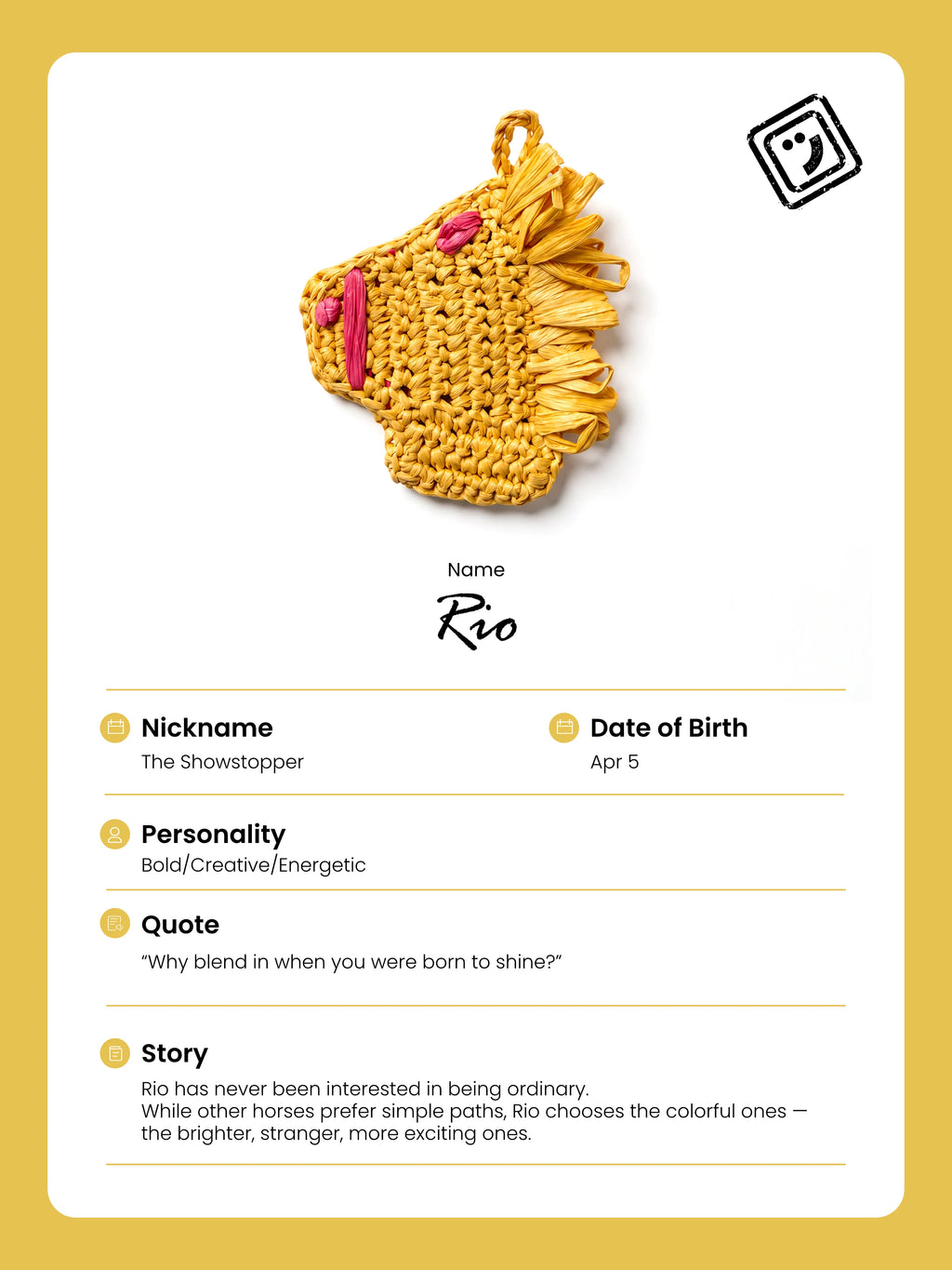 identify card and story of rio the horse charm from joybit.art