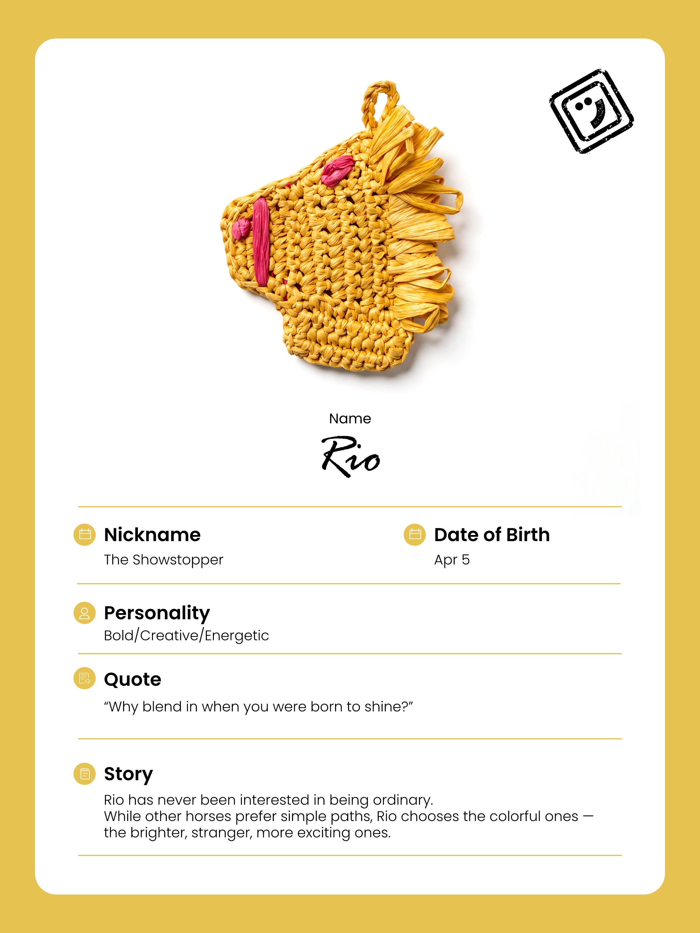 identify card and story of rio the horse charm from joybit.art