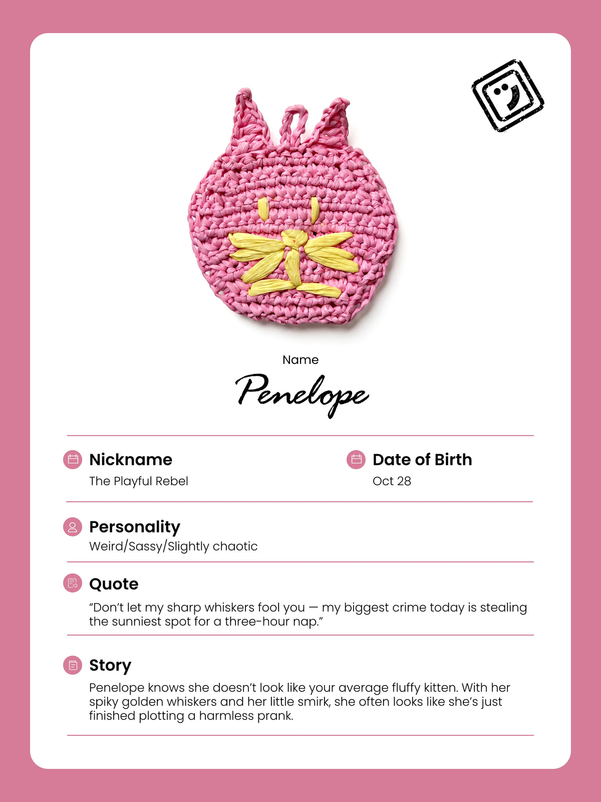 identify card and story of penelop the cat charm from joybit.art