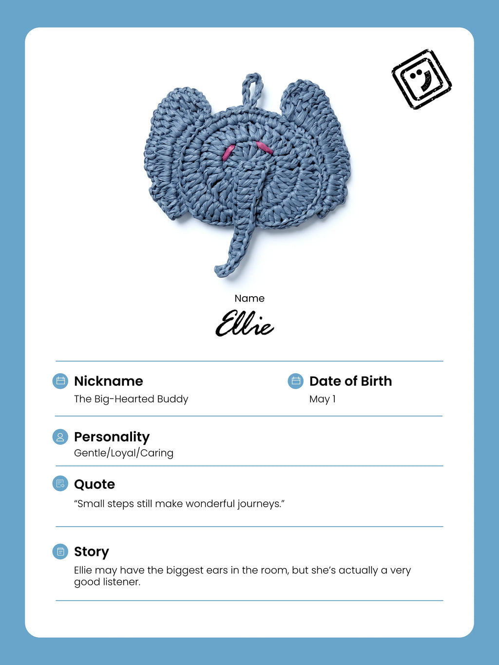 identify card and story of ellie the elephant charm from joybit.art