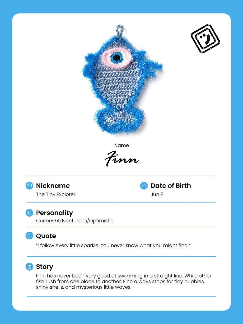 identify card and story of finn the fish charm from joybit.art