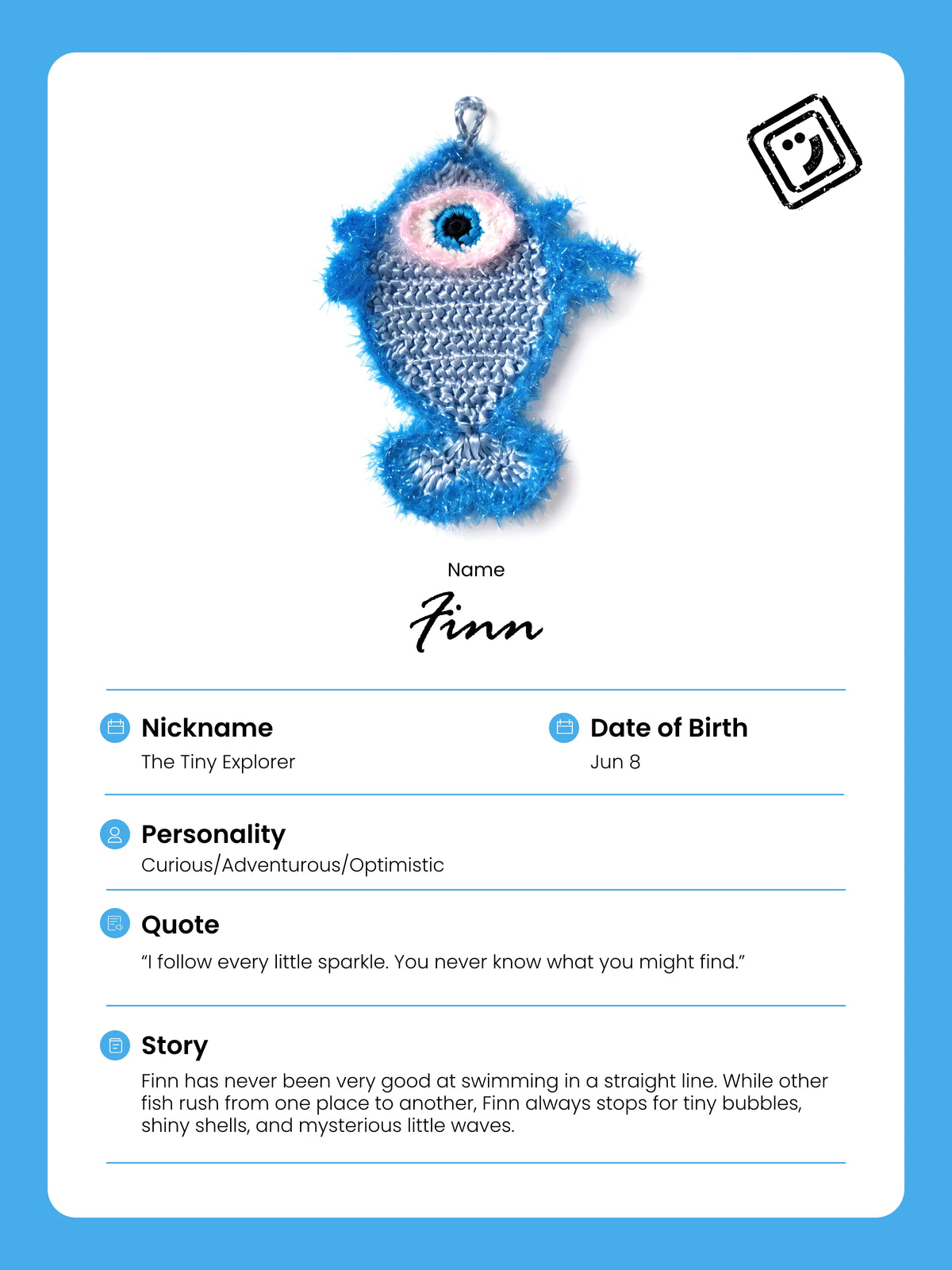 identify card and story of finn the fish charm from joybit.art