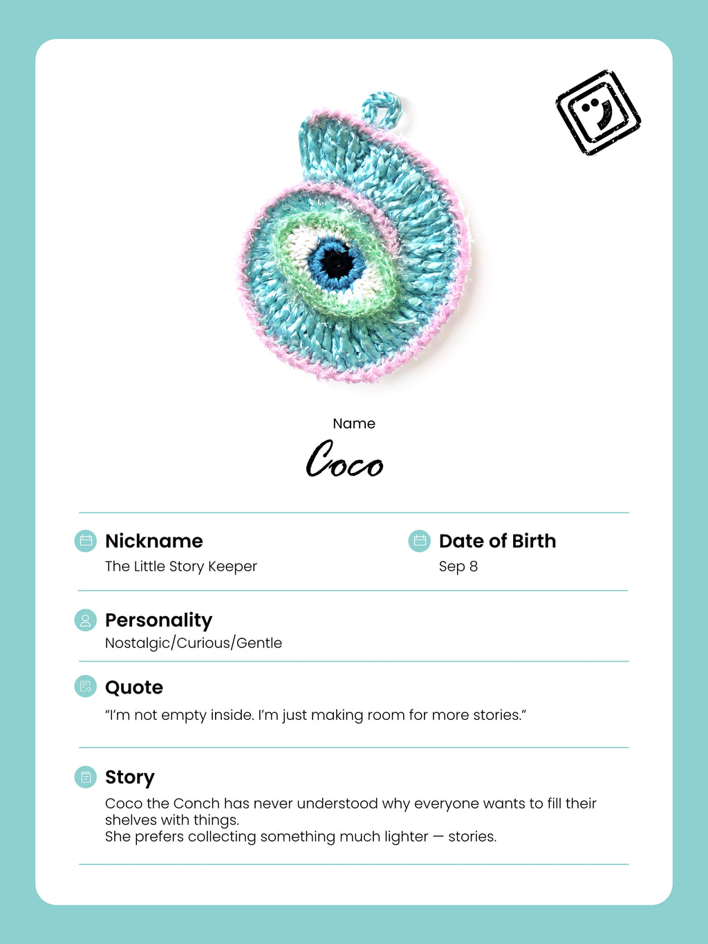 identify card and story of coco the conch charm from joybit.art