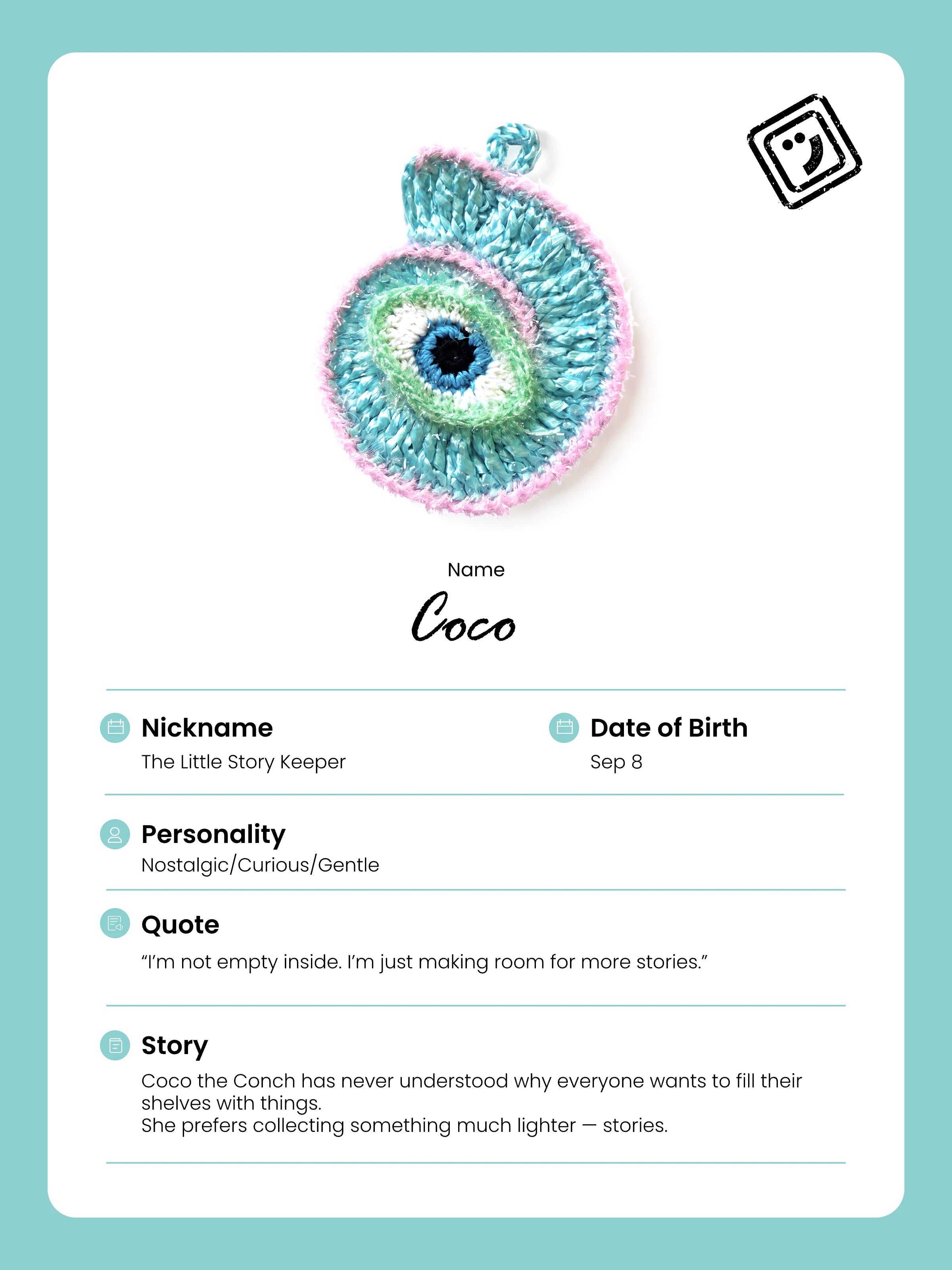 identify card and story of coco the conch charm from joybit.art