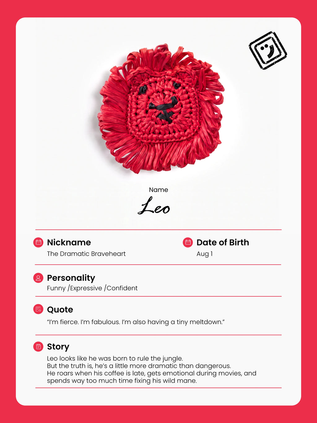 identify card and story of leo the lion charm from joybit.art