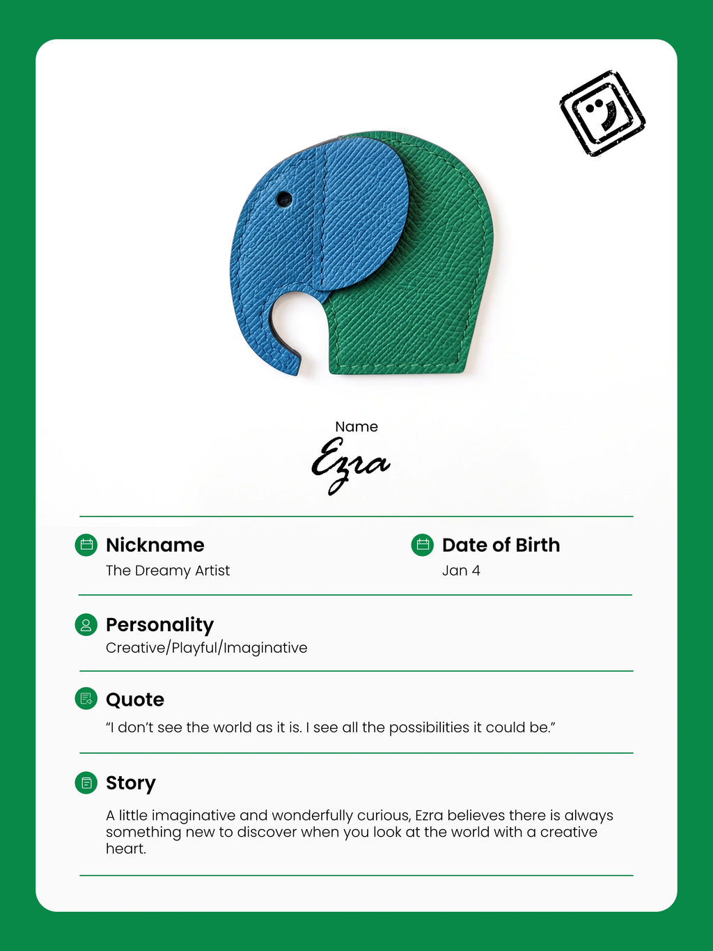 identify card and story of ezra the elephant charm from joybit.art