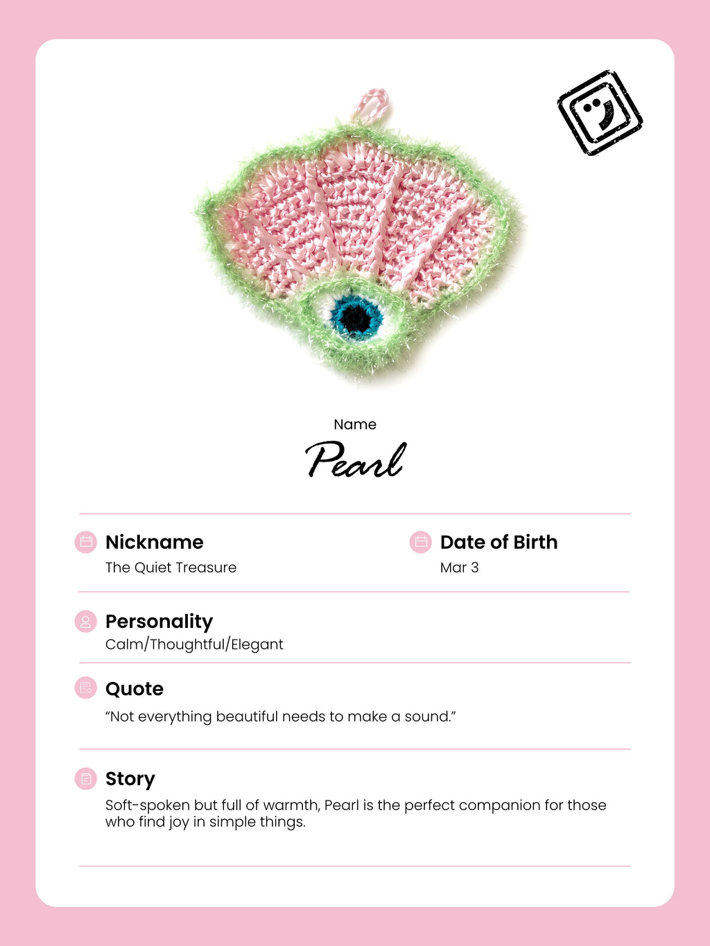 identify card and story of pearl the scallop charm from joybit.art