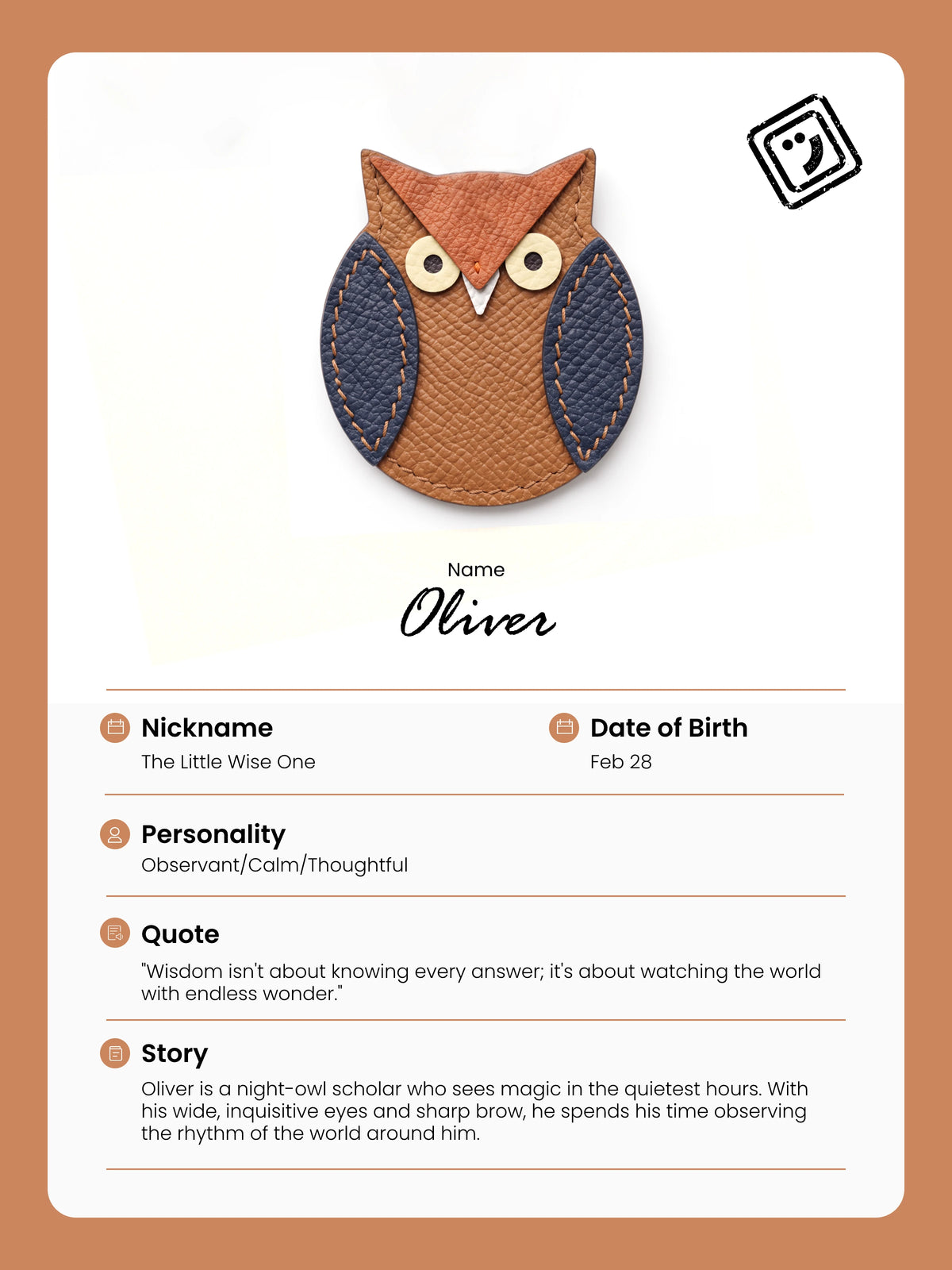 identify card and story of oliver the owl charm from joybit.art