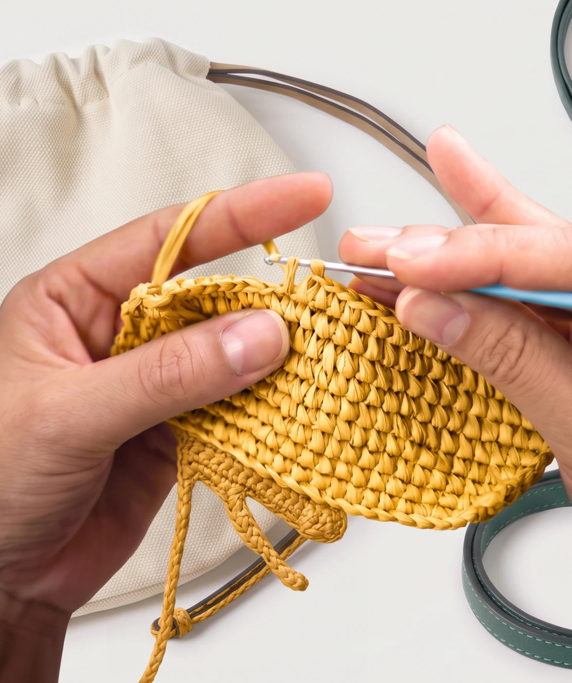 Close-up of a person crocheting a mustard yellow woven bag or pouch with a crochet hook, with a beige drawstring bag and a dark green strap in the background.