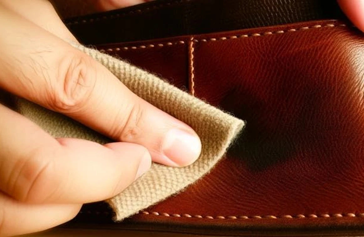 A close-up of a hand using a beige microfiber cloth to clean and polish a brown leather surface with visible stitching.